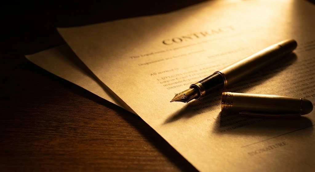 Documentos jurídicos de um Processo Administrativo Disciplinar (PAD) sobre mesa de escritório clássica com iluminação dourada, representando os 35 anos de experiência do Dr. Jorge Braga Jr. no Rio de Janeiro.