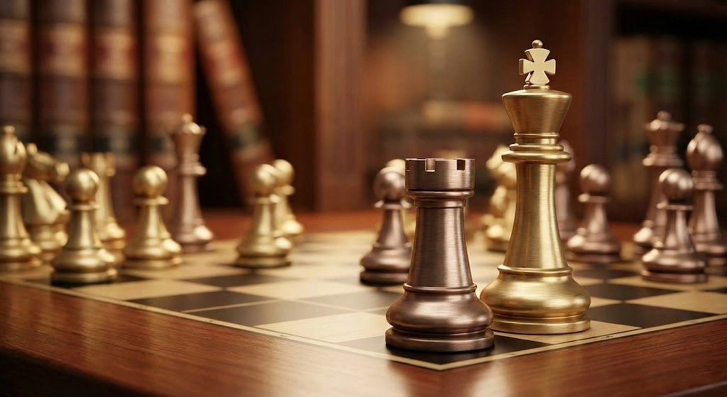 Peças de xadrez em bronze e dourado simbolizando a estratégia de defesa jurídica para servidores públicos, com foco na proteção da carreira e dignidade pelo escritório Braga Jr. Advocacia.