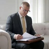 Dr. jorge braga jr sentado no sofa lendo um processo